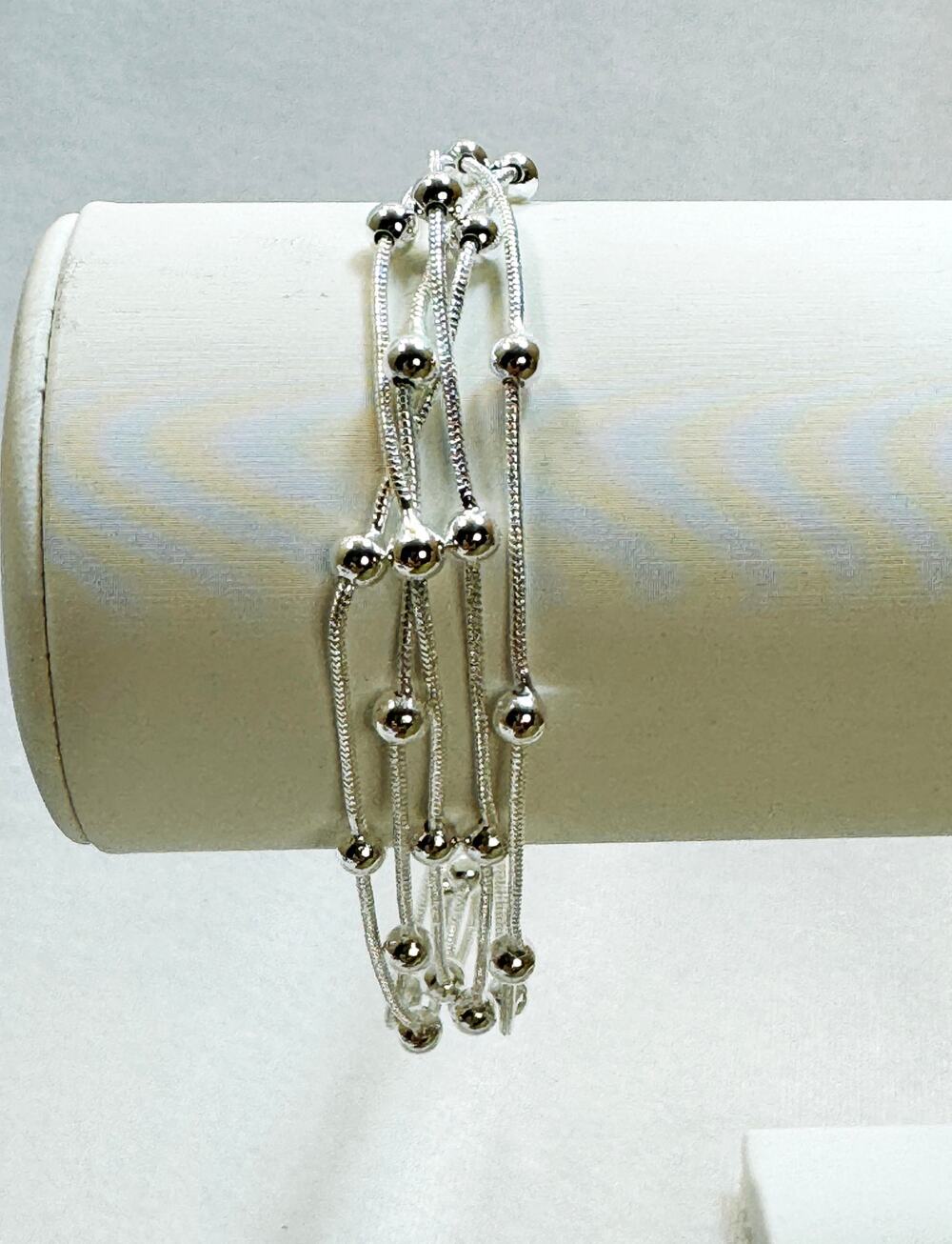 925 Silver Plated Multi Strand Bead Bracelet 7.5" Chain Layered Dainty B074